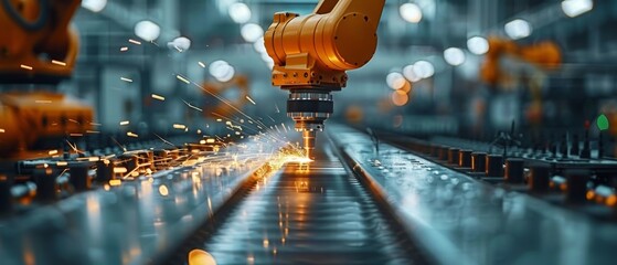 Closeup view of a robotic arm using advanced laser technology to cut materials, with sparks flying in a dimly lit, automated smart factory