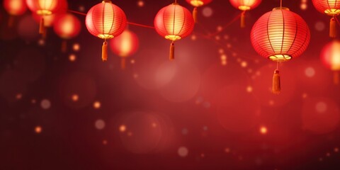 Chinese lanterns on red background with bokeh effect.