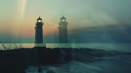 Lighthouse Silhouette Double Exposure Seascape at Dusk