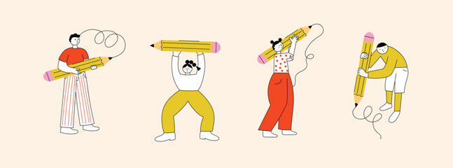 Education concept. Various people with a large Pencil. Young person holding pencil. Education concept. Cartoon style. Hand drawn Vector illustration. Drawing, writing, creating, design, blogging conce