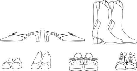 vector illustration sketch design drawing of a collection of shoes in a shop window