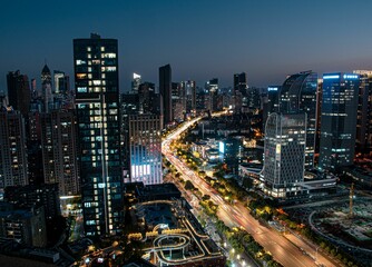 Stunning aerial view of the bustling metropolitan cityscape of Wuhan, China at night.