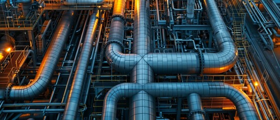 Closeup image of a dense network of steel pipelines at a petroleum refinery, showcasing the complex industrial engineering involved