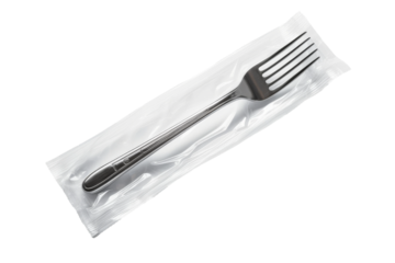 The Culinary Mystery: A Fork Encased in Plastic Expanse. On a White or Clear Surface PNG Transparent Background.