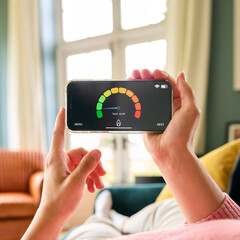 Close Up Of Woman Looking At Screen Of Energy Smart Gas Meter On Mobile Phone Lying On Sofa At Home