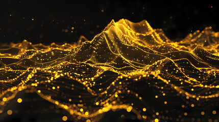 Digital landscape of glowing yellow data points and intricate network of lines