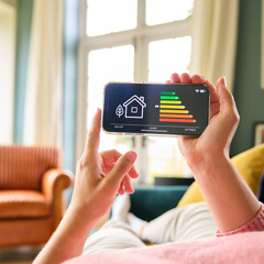 Close Up Of Woman Looking At Screen Of Energy Efficiency Meter On Mobile Phone Lying On Sofa At Home