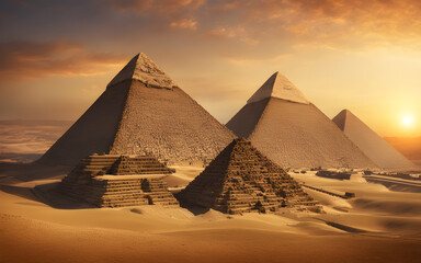 Ancient pyramids of Giza at sunrise, historic marvels, warm light, Cairo's outskirts