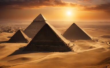 Ancient pyramids of Giza at sunrise, historic marvels, warm light, Cairo's outskirts