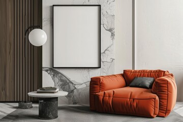 Mockup poster frame on the wall of living room. Luxurious apartment background with contemporary design. Modern interior design. 3D render, 3D illustration