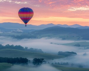 A bright, colorful hot air balloon floating over a misty valley at dawn, rule of thirds composition, crisp edges