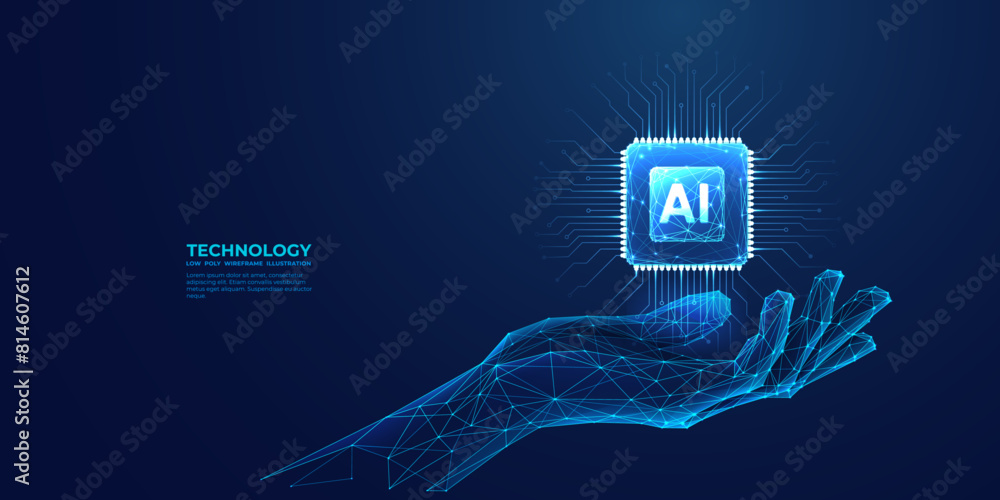 Poster AI Computer chip in abstract digital hand. Artificial Intelligence innovation concept. Tech background. CPU chip in top view with AI letters light blue hologram. 3D semiconductor. Vector illustration.