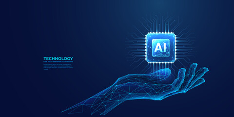 AI Computer chip in abstract digital hand. Artificial Intelligence innovation concept. Tech background. CPU chip in top view with AI letters light blue hologram. 3D semiconductor. Vector illustration.
