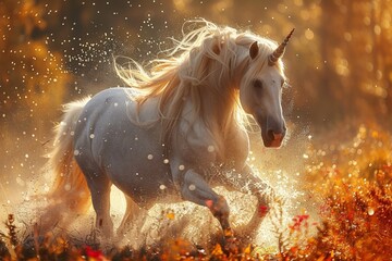 Powerful white stallion, with its mane flowing, gallops freely under the sunset sky, embodying the beauty and force of nature.