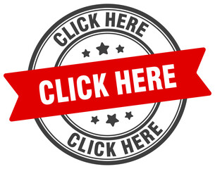 click here stamp. click here label on transparent background. round sign