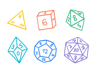 Doodles set with DND dice. D4 D6 D8 D10 D12 D20 dices. Board game, or role-play game. Hand-drawn vector illustrations isolated on a white background.