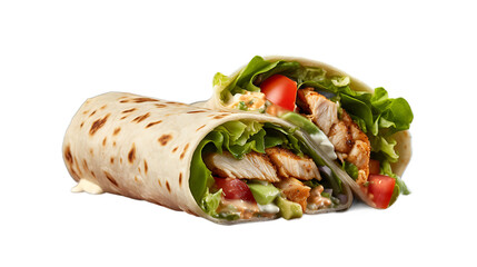 A chicken and avocado wrap with lettuce, tomato, and ranch dressing and a transparent background.