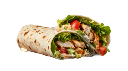 A chicken and avocado wrap with lettuce, tomato, and ranch dressing and a transparent background.