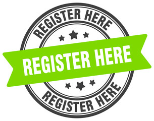 register here stamp. register here label on transparent background. round sign