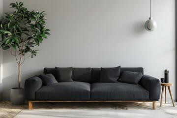 Modern design interior. Scandinavian furniture. 3d illustration, black sofa 