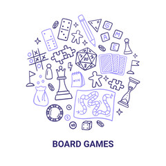 Black and purple doodles of board games. Puzzle, domino, chess, cards, and other. Fun hobby and recreation. Hand-drawn vector illustrations isolated on a white background.