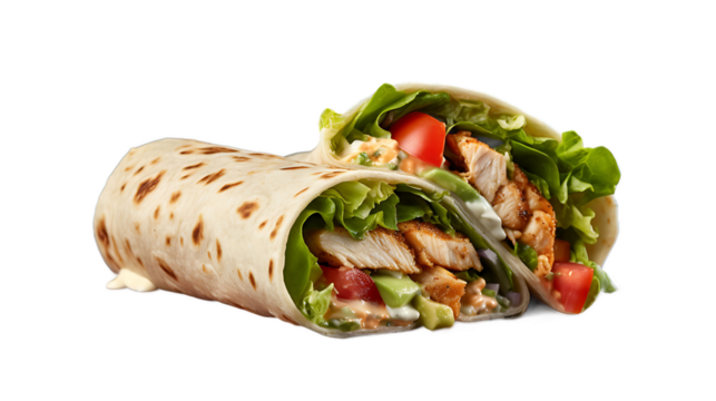 A chicken and avocado wrap with lettuce, tomato, and ranch dressing and a transparent background.