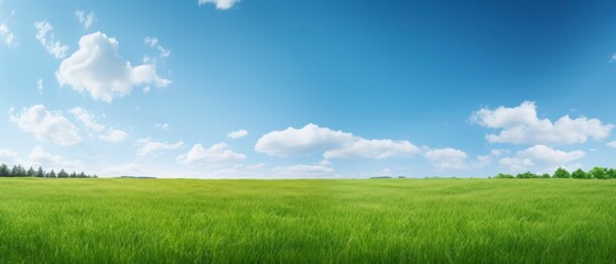 Green grass field and blue sky with clouds. Panoramic view.