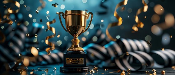 Artistic photo of a golden trophy surrounded by vintage filmstyle black and white streamers, representing timeless business achievements