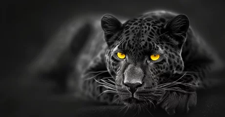 Gordijnen Striking black and white image of a black leopard lying down, with vivid yellow eyes, against a dark background creating a powerful and captivating portrait of this wild animal © Enigma