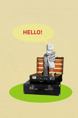 Composite trend artwork sketch image 3D photo collage of two baggage suitcase hand appear hold...