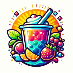 A vibrant and refreshing summer-themed logo featuring bubble tea with a white background
