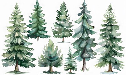 Fototapeta premium a set of watercolor pine trees , Generative AI