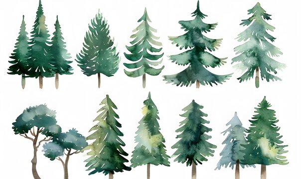 a set of watercolor pine trees ,  Generative AI