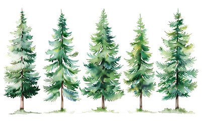 a set of watercolor pine trees ,  Generative AI