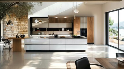 Contemporary kitchen with efficient layout and stylish decor, 8k resolution, golden ratio composition