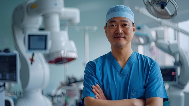 portrait of doctor in his blue scrubs smiling to viewer, man asian, 40s years old. modern clean minimalist interior design operation theatre with a robotic arm, bright, color blue - Powered by Adobe