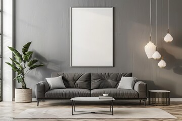 Modern living room and decorative mock up grey sofa and beige empty wall texture background interior design, coffee table, white poster on grey wall, hanging lights on dining table. 3D Rendering