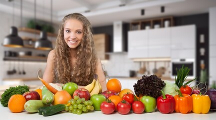 Sports Nutrition. Young slim Woman eat fruits