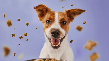 Happy purebred dog eating dry food from a bowl, on a pastel violet lilac background, food is flying...