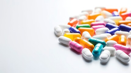 Colorful pills on a white background.