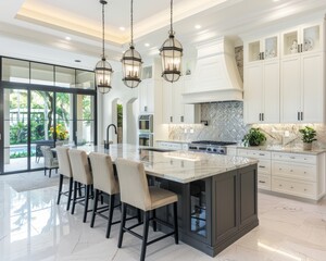 Fototapeta premium Luxurious kitchen with a large island and pendant lighting, sharp focus, golden ratio composition