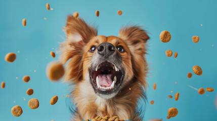 Happy purebred dog eating dry food from a bowl, on a pastel blue background, food is flying around. Professional ad for dog nutrition, well-groomed dog.
