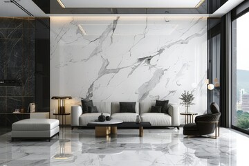 Obraz premium Modern luxury living room and marble and black pattern wall texture background interior design. 3d rendering