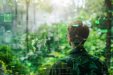 A man is looking at a computer screen with a green background