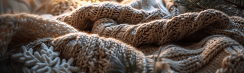 Close up of a knitted blanket with a pine tree. Banner