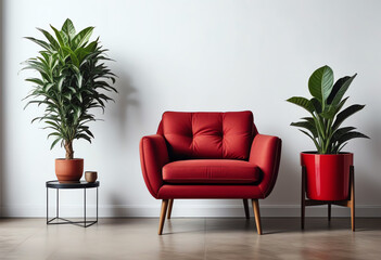 red arm chair interior with potted green plant on white wall background