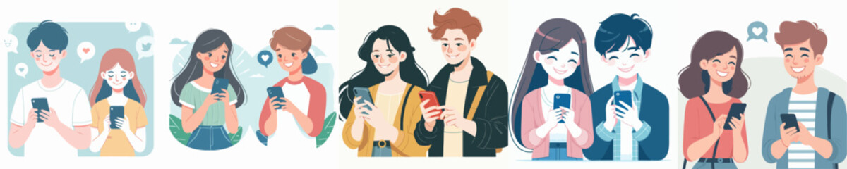 vector set of happy couples with mobile phones