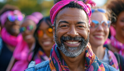 Cheerful diverse group wearing pink ribbons and accessories to celebrate National Cancer Survivor's Day, with a smiling man in the foreground symbolizing support and resilience - Powered by Adobe