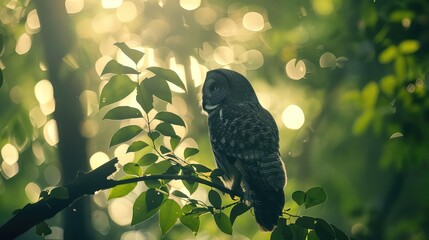 Serene scene of a Great gray owl navigating the early morning breeze, its sleek silhouette framed by a backdrop of shimmering bokeh lights and verdant green foliage. 