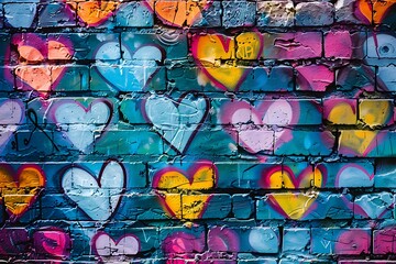 Brick wall with painted hearts in graffiti style
